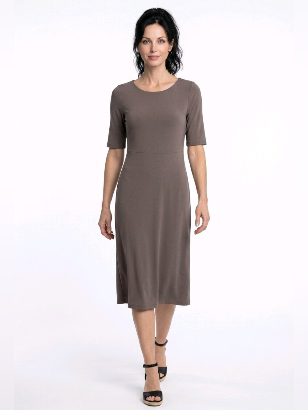 Eileen Fisher Toupe Swing High/Low Elbow Sleeve Midi Dress Size SP